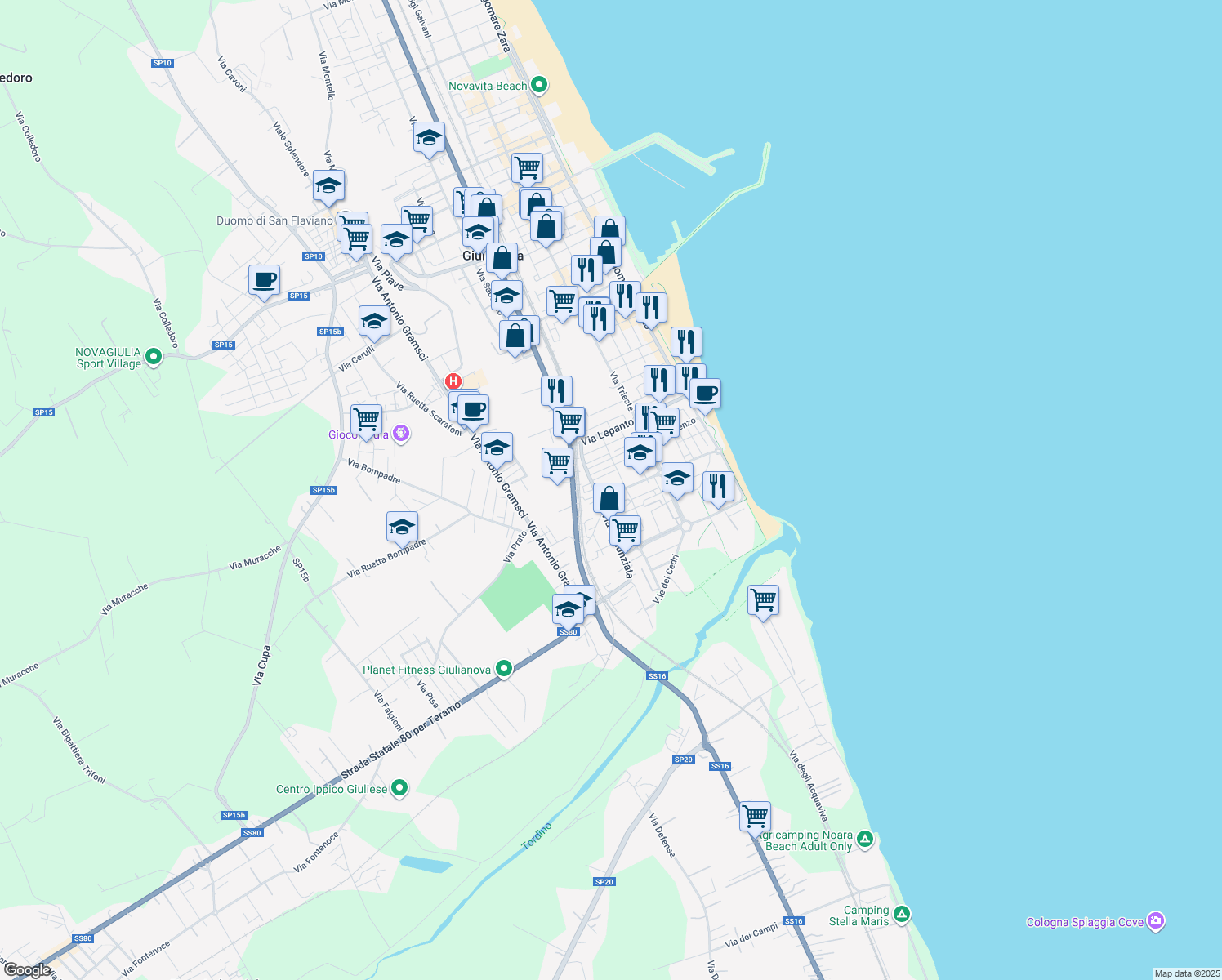 map of restaurants, bars, coffee shops, grocery stores, and more near 17 Via Simoncini in Giulianova