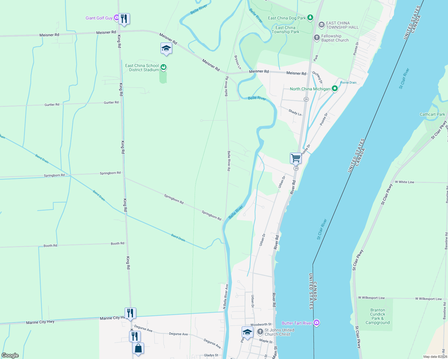 map of restaurants, bars, coffee shops, grocery stores, and more near 2349 Belle River Road in East China