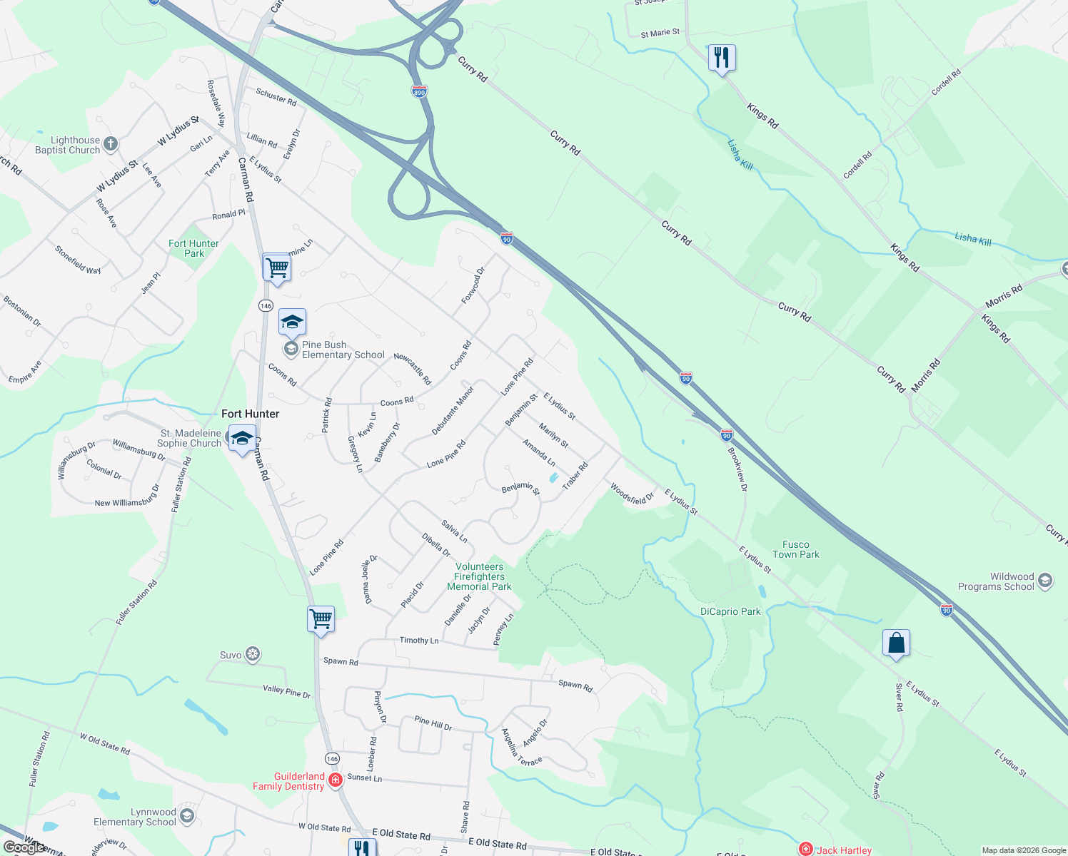 map of restaurants, bars, coffee shops, grocery stores, and more near 3270 Marilyn Street in Schenectady