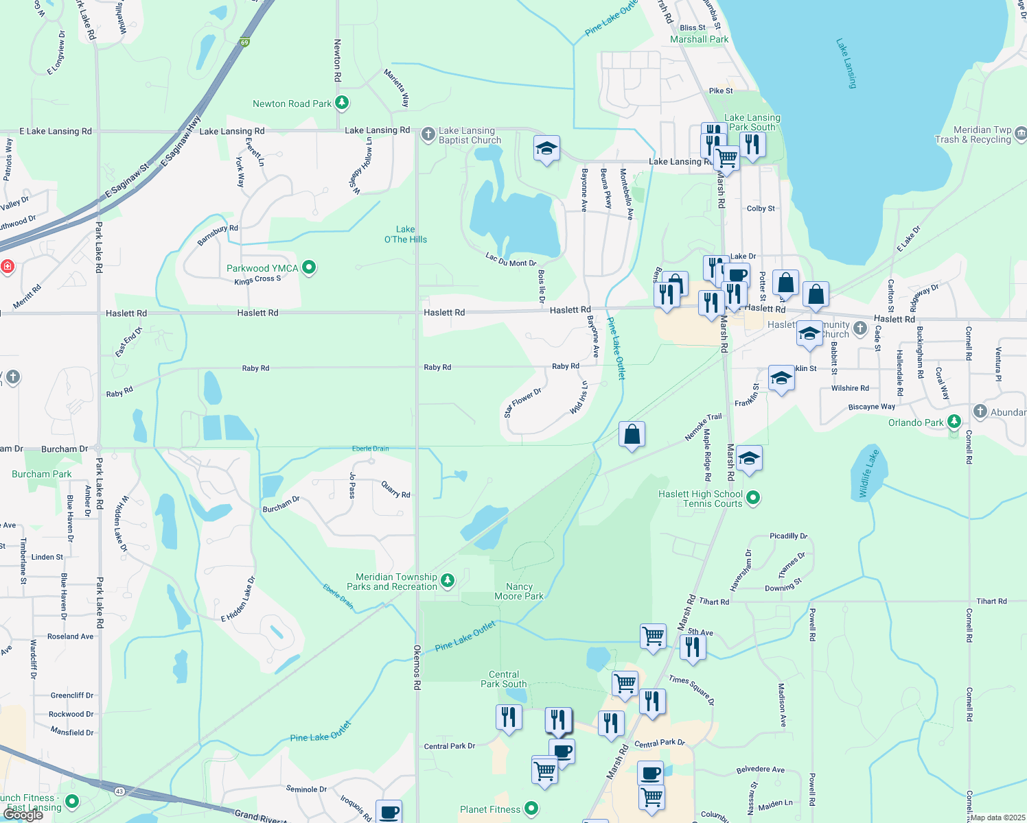 map of restaurants, bars, coffee shops, grocery stores, and more near 5562 Star Flower Dr in Meridian Charter Township