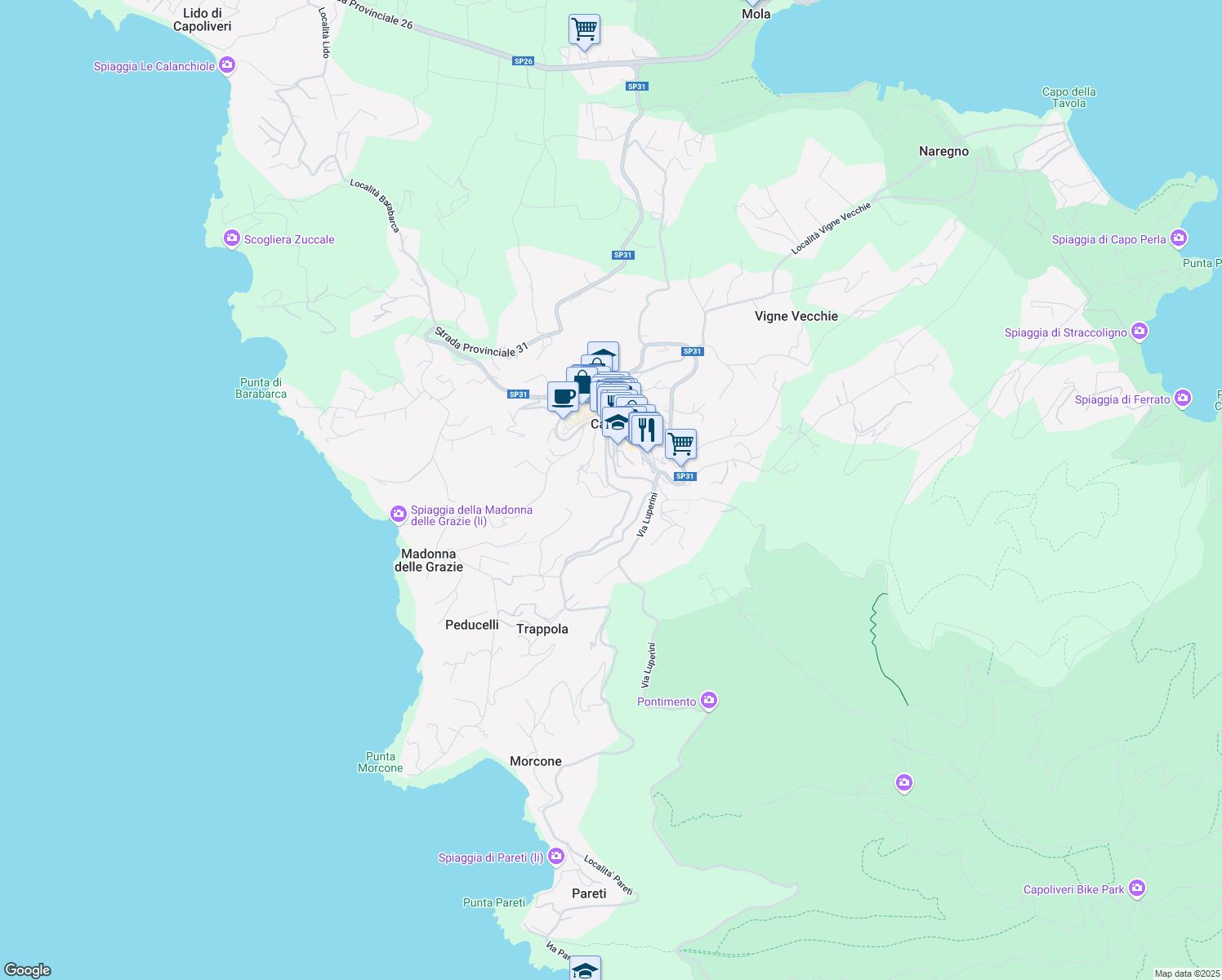 map of restaurants, bars, coffee shops, grocery stores, and more near 24 Via dei Caduti in Capoliveri