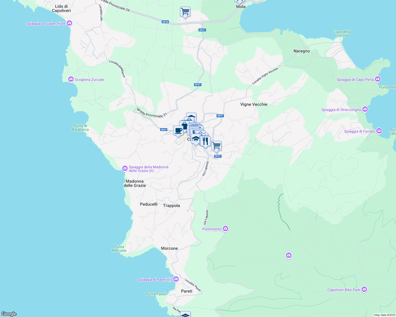 map of restaurants, bars, coffee shops, grocery stores, and more near 24 Via dei Caduti in Capoliveri