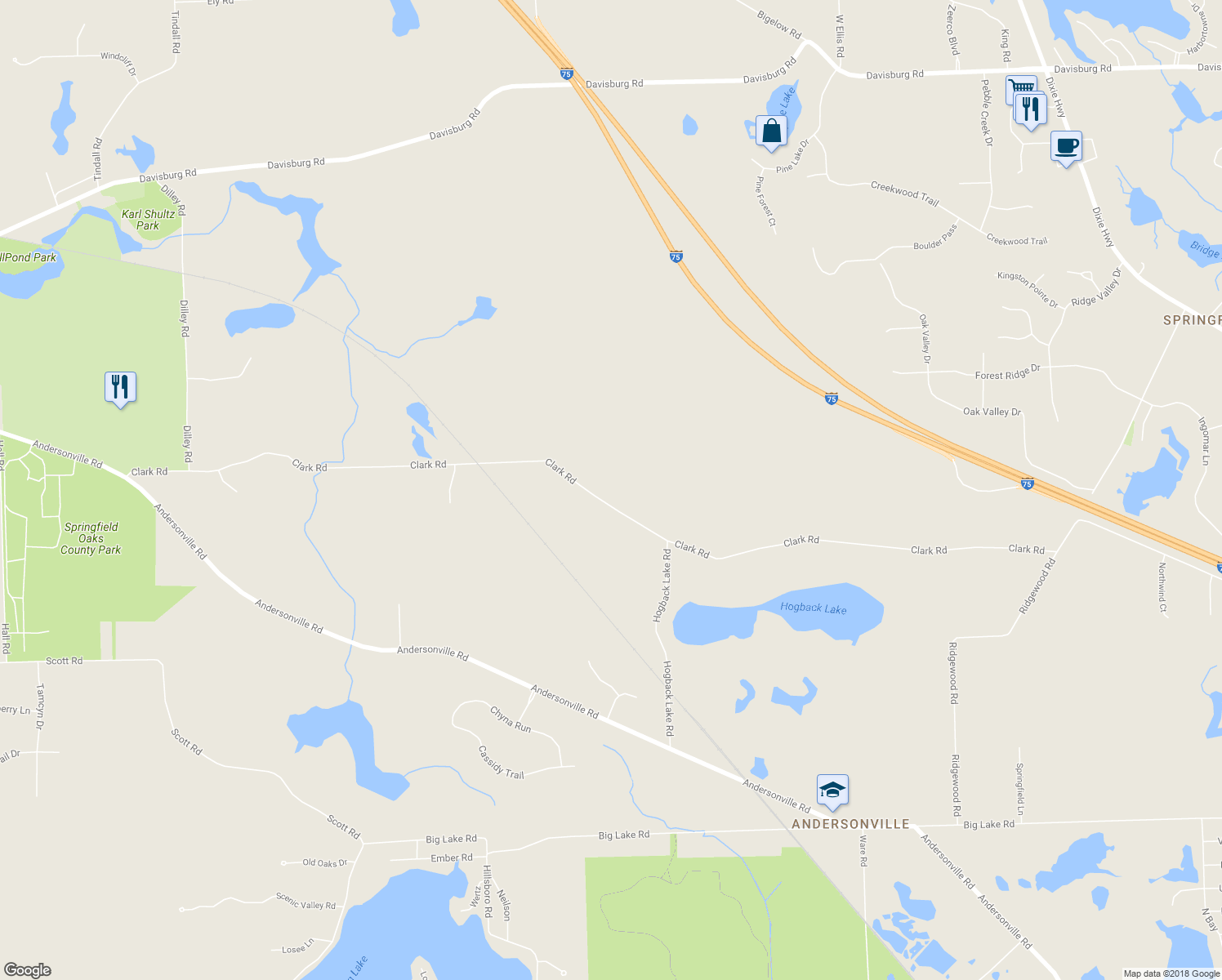 map of restaurants, bars, coffee shops, grocery stores, and more near 10970 Clark Road in Oakland County