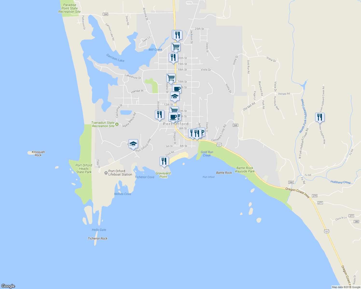 map of restaurants, bars, coffee shops, grocery stores, and more near 440 5th Street in Port Orford