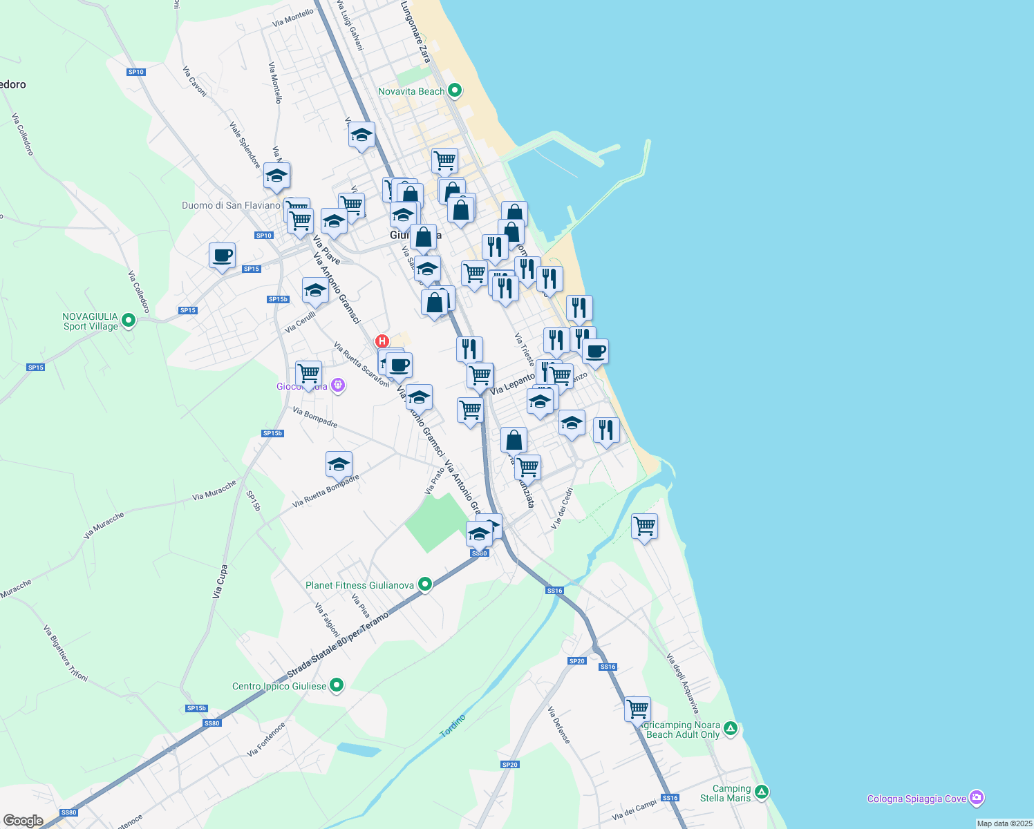 map of restaurants, bars, coffee shops, grocery stores, and more near 17 Via Simoncini in Giulianova