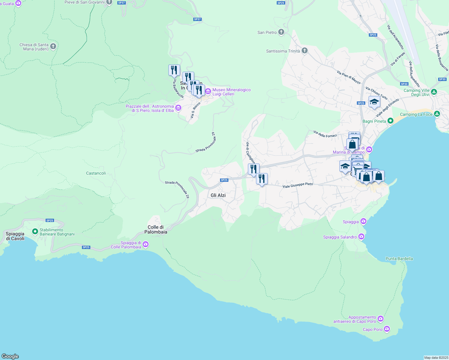map of restaurants, bars, coffee shops, grocery stores, and more near 107 Traversa degli Alzi in Gli Alzi