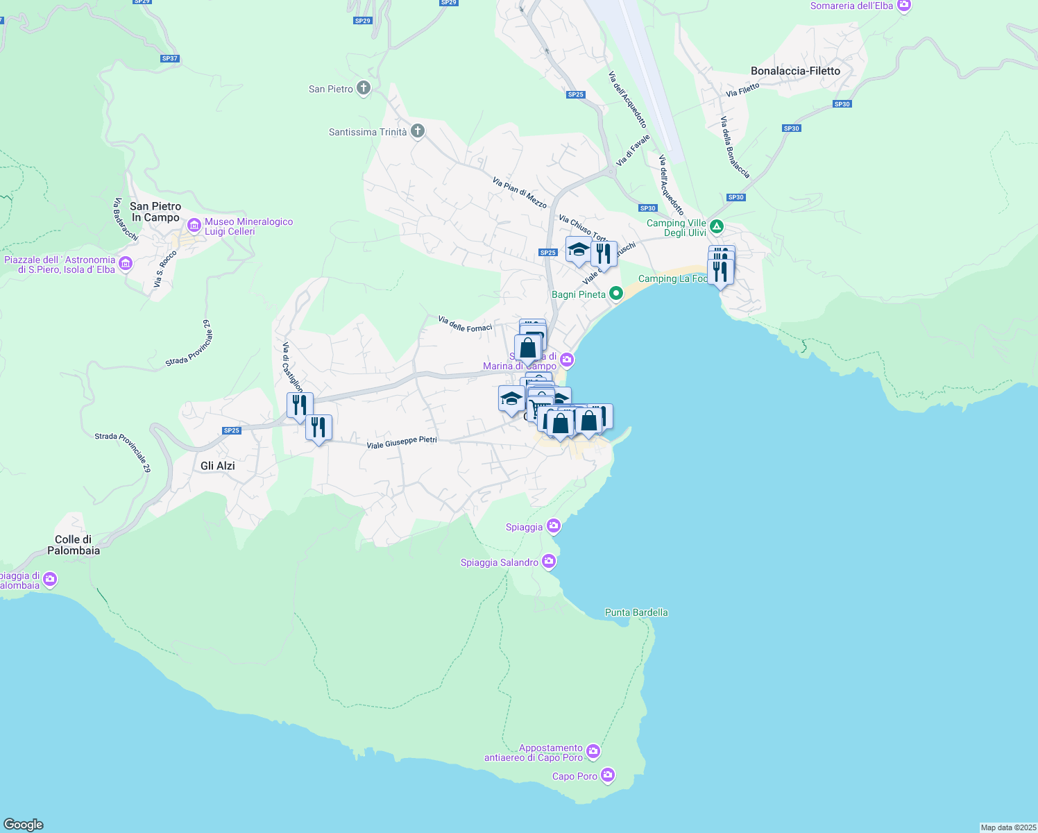 map of restaurants, bars, coffee shops, grocery stores, and more near 57 Via Giacomo Puccini in Marina di Campo