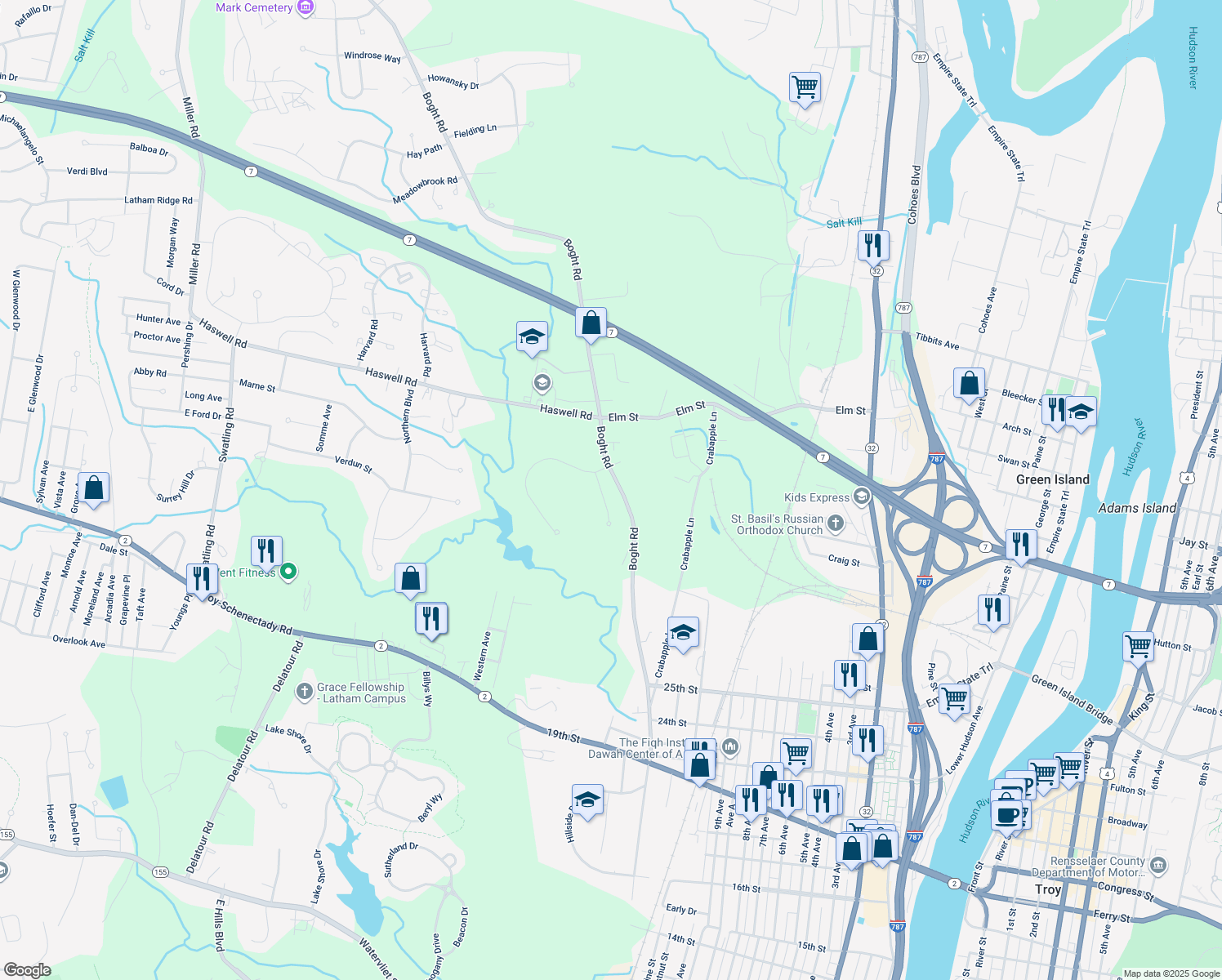 map of restaurants, bars, coffee shops, grocery stores, and more near 6 Ridgefield Way in Watervliet