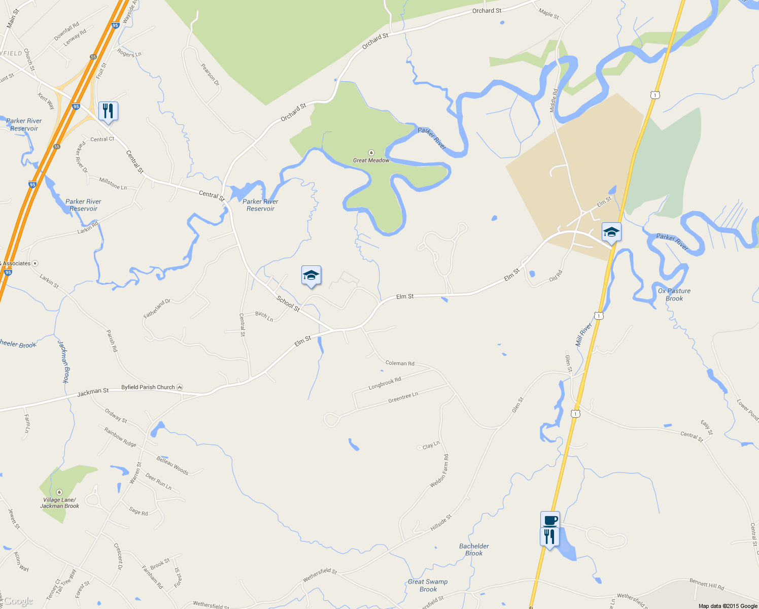 map of restaurants, bars, coffee shops, grocery stores, and more near 112 Elm Street in Newbury