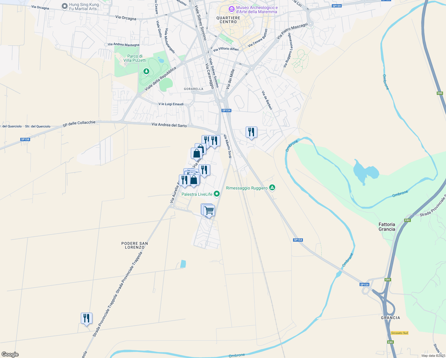 map of restaurants, bars, coffee shops, grocery stores, and more near 29 Via Silvana Mangano in Provincia di Grosseto