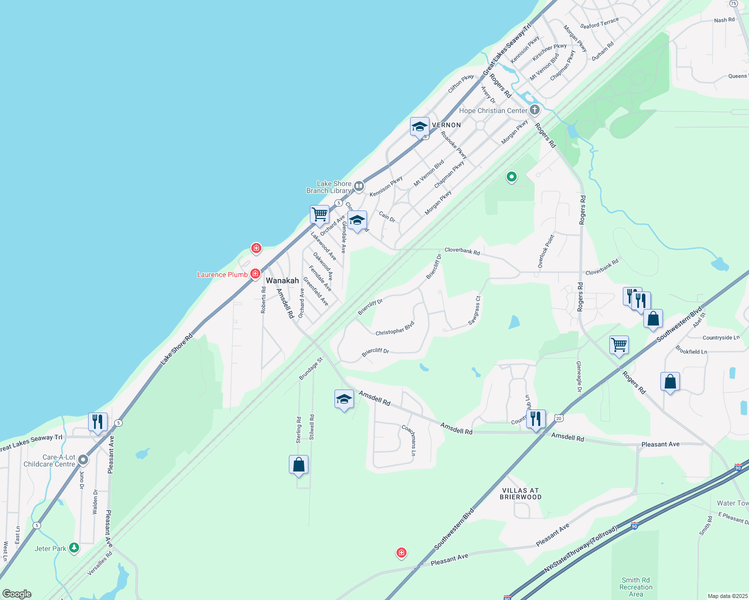map of restaurants, bars, coffee shops, grocery stores, and more near 5198 Briercliff Dr in Hamburg