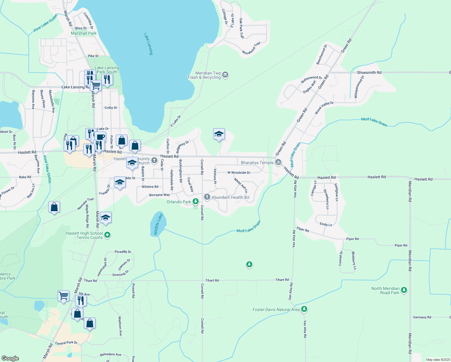 map of restaurants, bars, coffee shops, grocery stores, and more near 5616 Ventura Place in Haslett