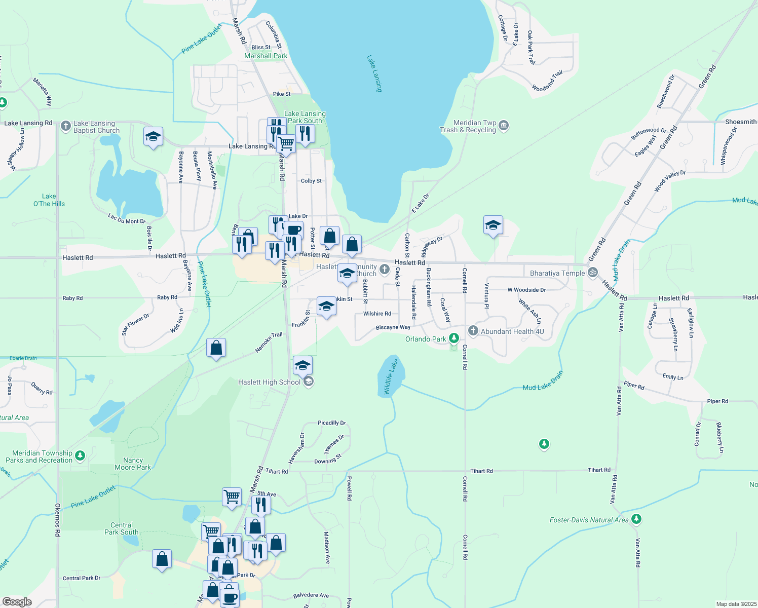 map of restaurants, bars, coffee shops, grocery stores, and more near 1433 Franklin Street in Meridian Charter Township