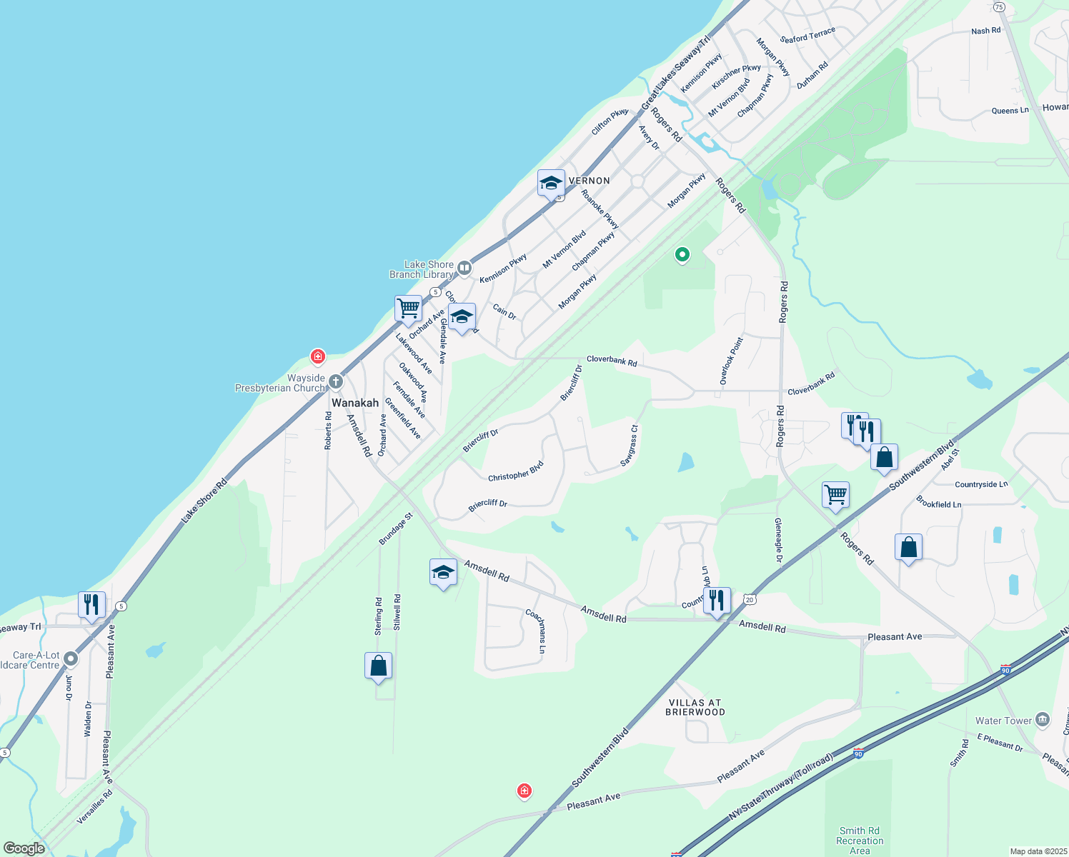 map of restaurants, bars, coffee shops, grocery stores, and more near 5159 Briercliff Dr in Hamburg
