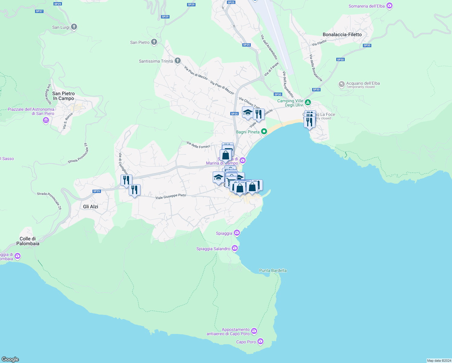 map of restaurants, bars, coffee shops, grocery stores, and more near 57 Via Giacomo Puccini in Marina di Campo