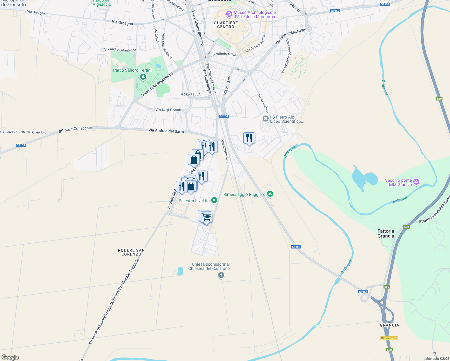map of restaurants, bars, coffee shops, grocery stores, and more near 29 Via Silvana Mangano in Provincia di Grosseto