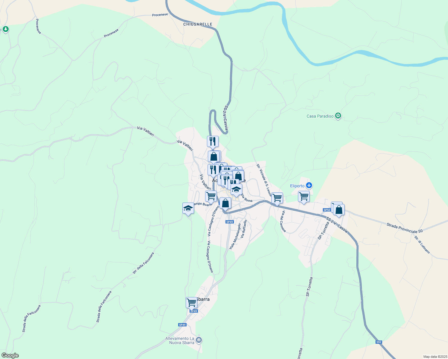 map of restaurants, bars, coffee shops, grocery stores, and more near 68 Via Cesare Battisti in Acquapendente