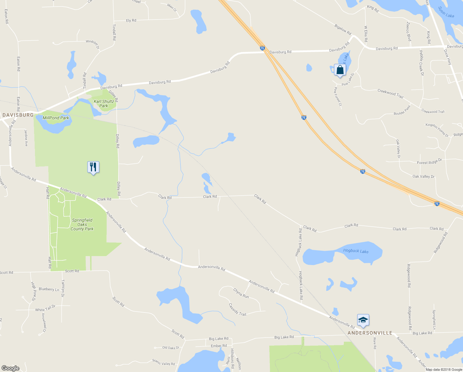 map of restaurants, bars, coffee shops, grocery stores, and more near 11390 Clark Road in Oakland County