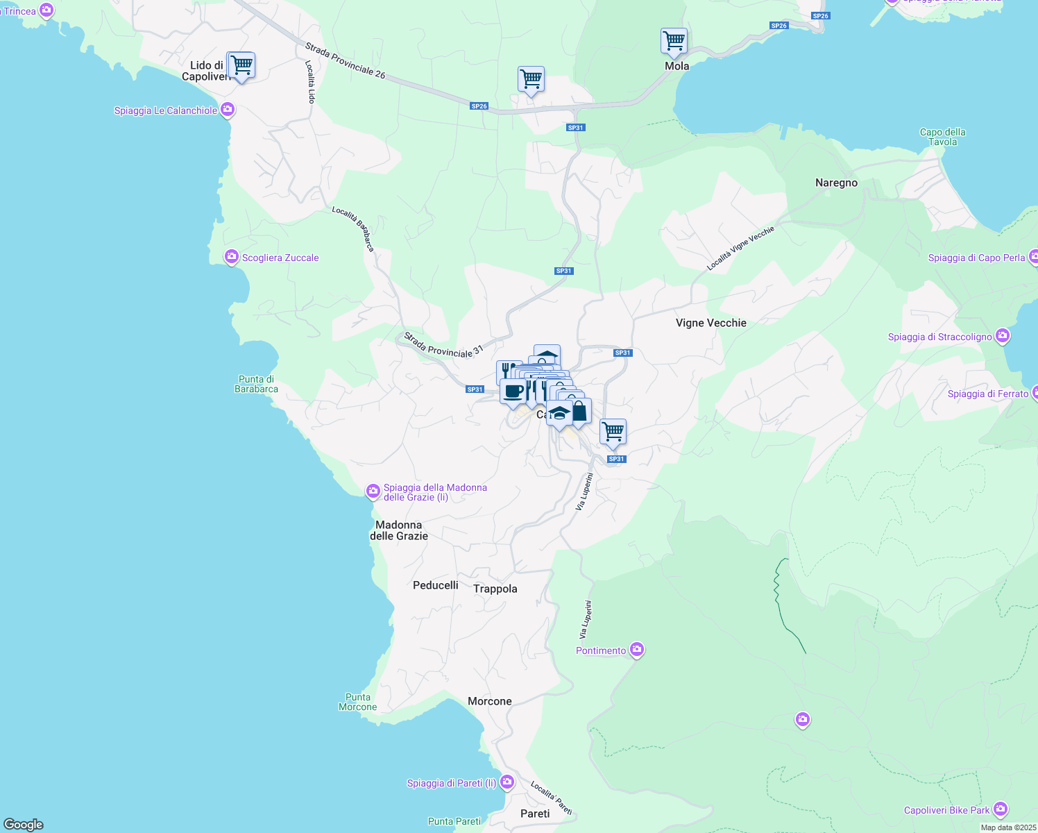 map of restaurants, bars, coffee shops, grocery stores, and more near 27 Via Vittorio Veneto in Capoliveri