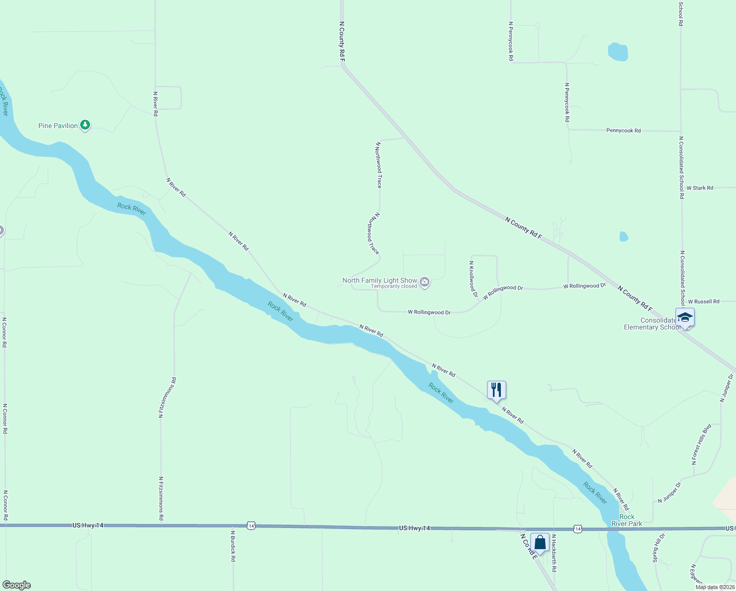 map of restaurants, bars, coffee shops, grocery stores, and more near 5026 North Northwood Trace in Janesville