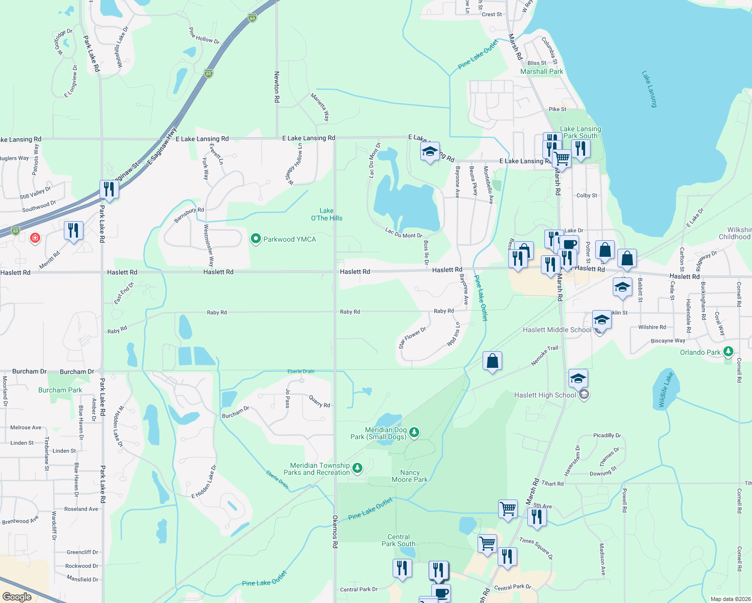 map of restaurants, bars, coffee shops, grocery stores, and more near 2042 Raby Road in Meridian Charter Township