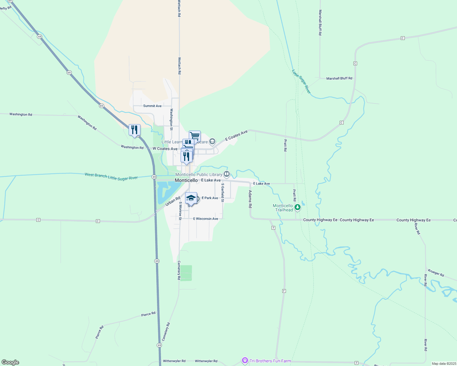 map of restaurants, bars, coffee shops, grocery stores, and more near 503 East Lake Avenue in Monticello