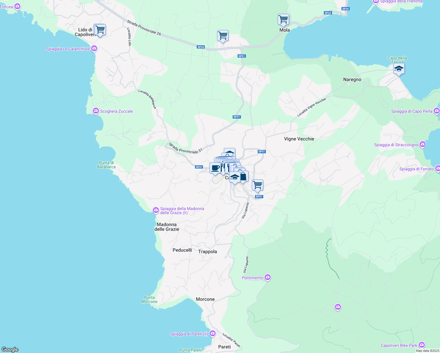 map of restaurants, bars, coffee shops, grocery stores, and more near 19 Vicolo Galliano in Capoliveri