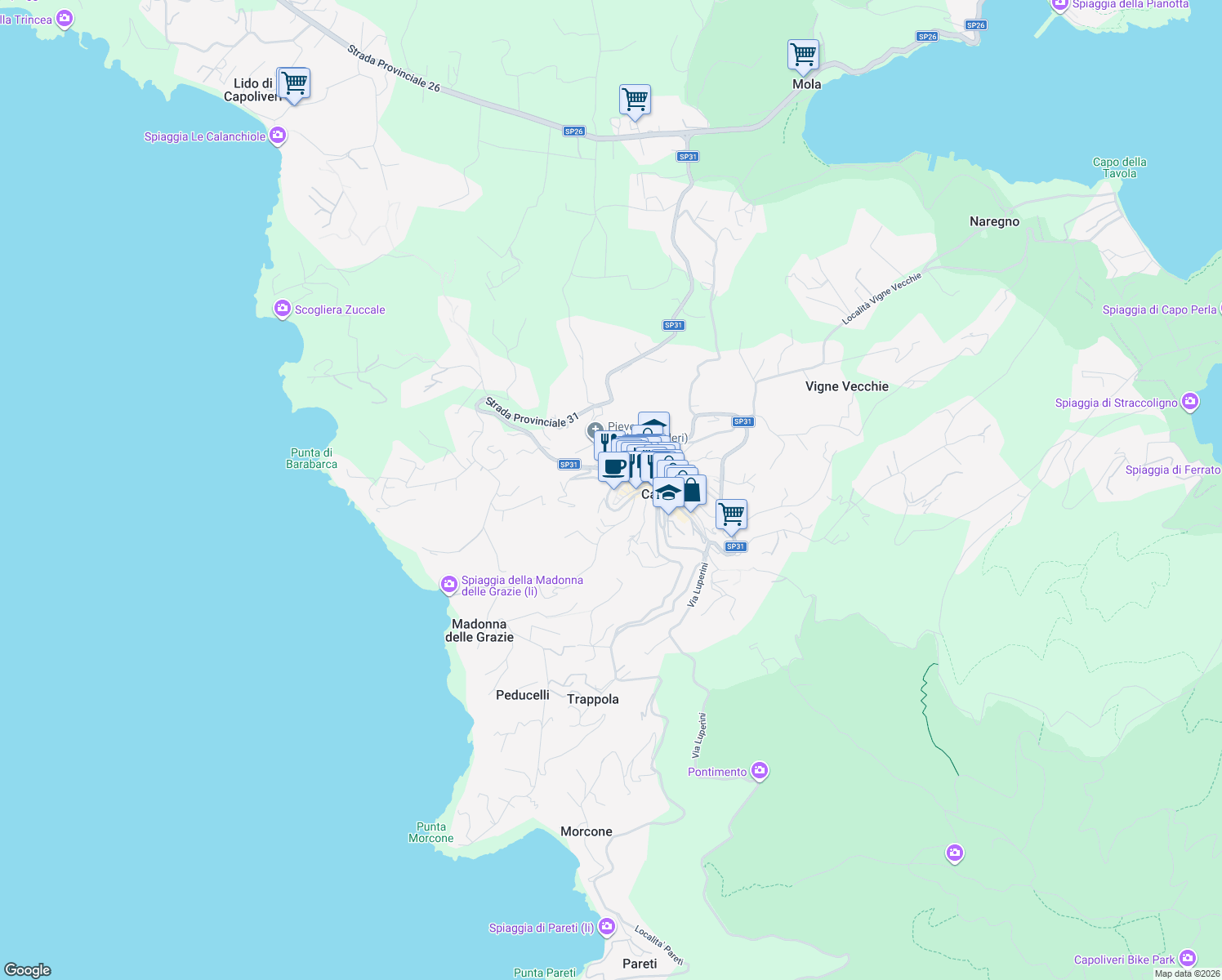 map of restaurants, bars, coffee shops, grocery stores, and more near 27 Via Vittorio Veneto in Capoliveri