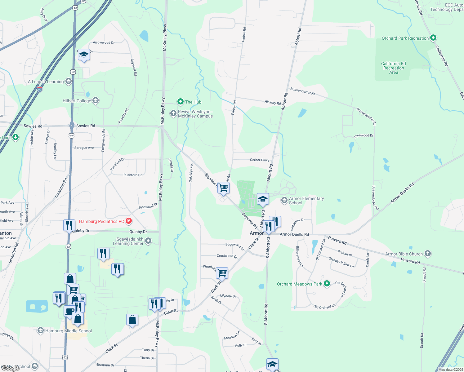 map of restaurants, bars, coffee shops, grocery stores, and more near 5189 Parker Rd in Hamburg