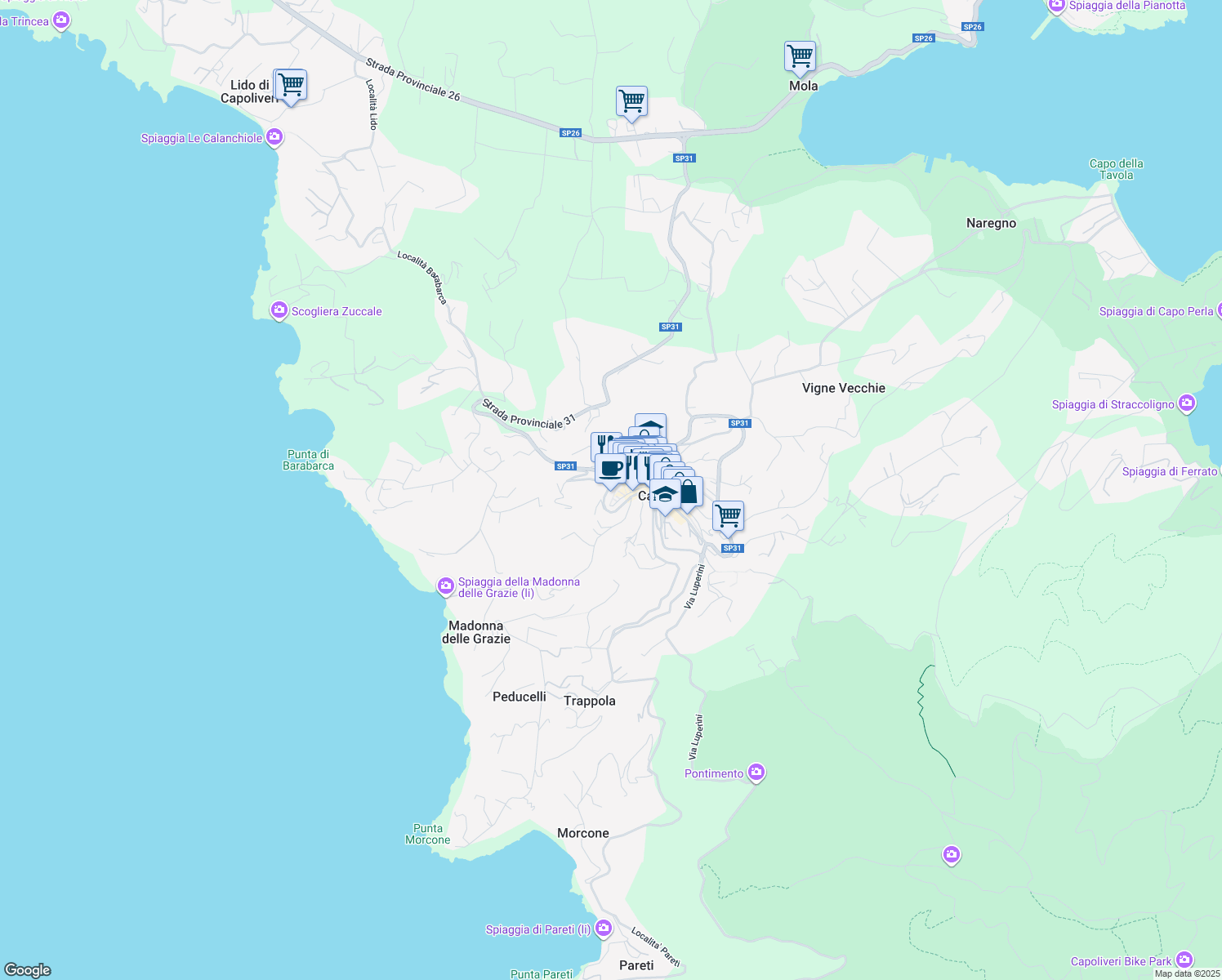 map of restaurants, bars, coffee shops, grocery stores, and more near 27 Via Vittorio Veneto in Capoliveri