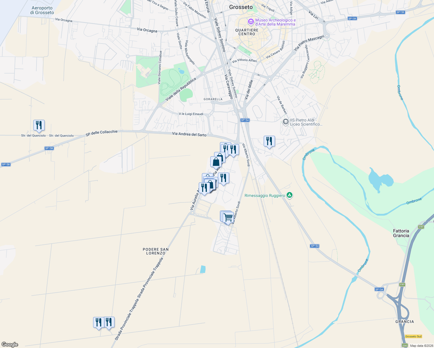 map of restaurants, bars, coffee shops, grocery stores, and more near 48 Via Aurelia Antica in Grosseto