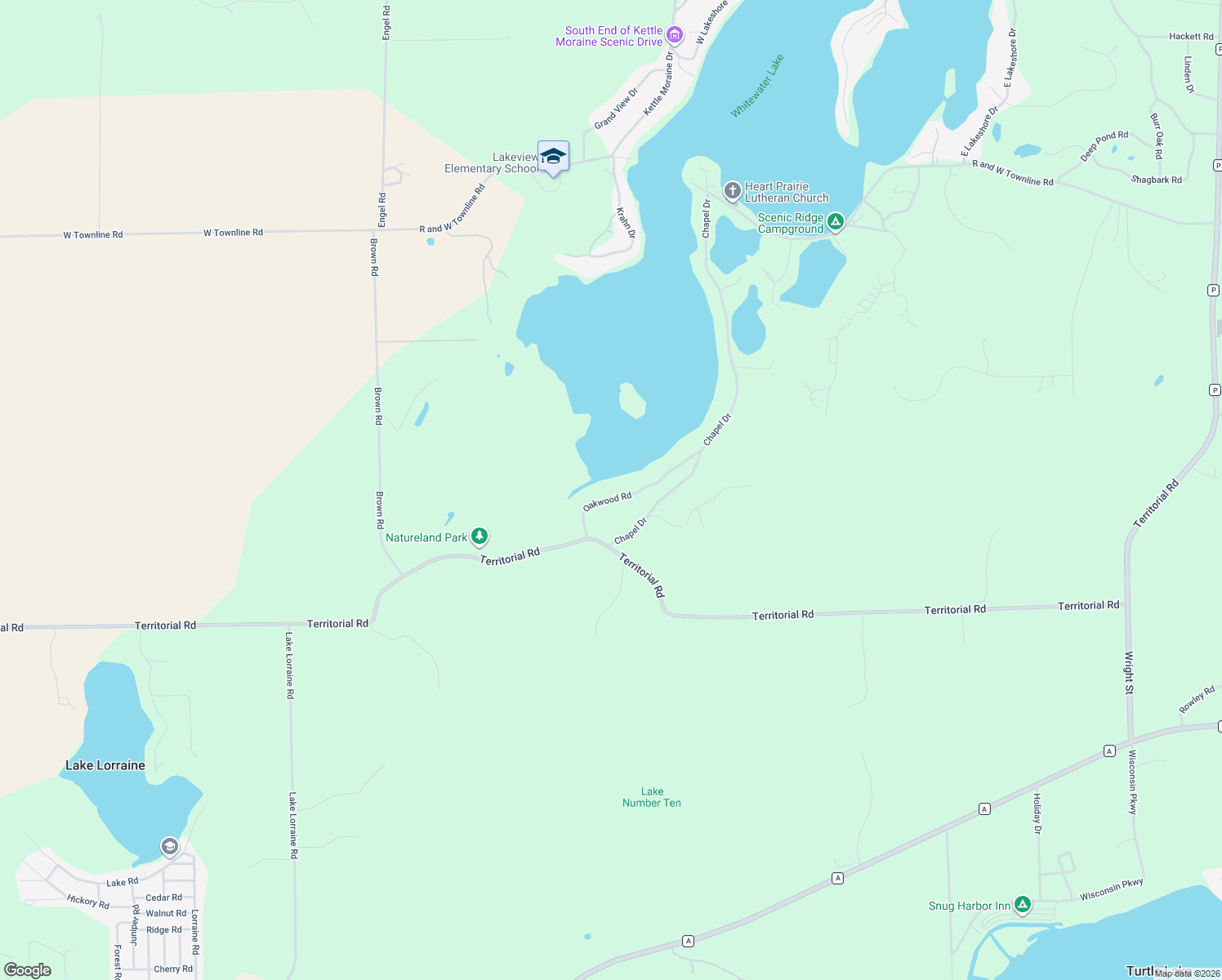 map of restaurants, bars, coffee shops, grocery stores, and more near N7019 Oakwood Rd in Whitewater