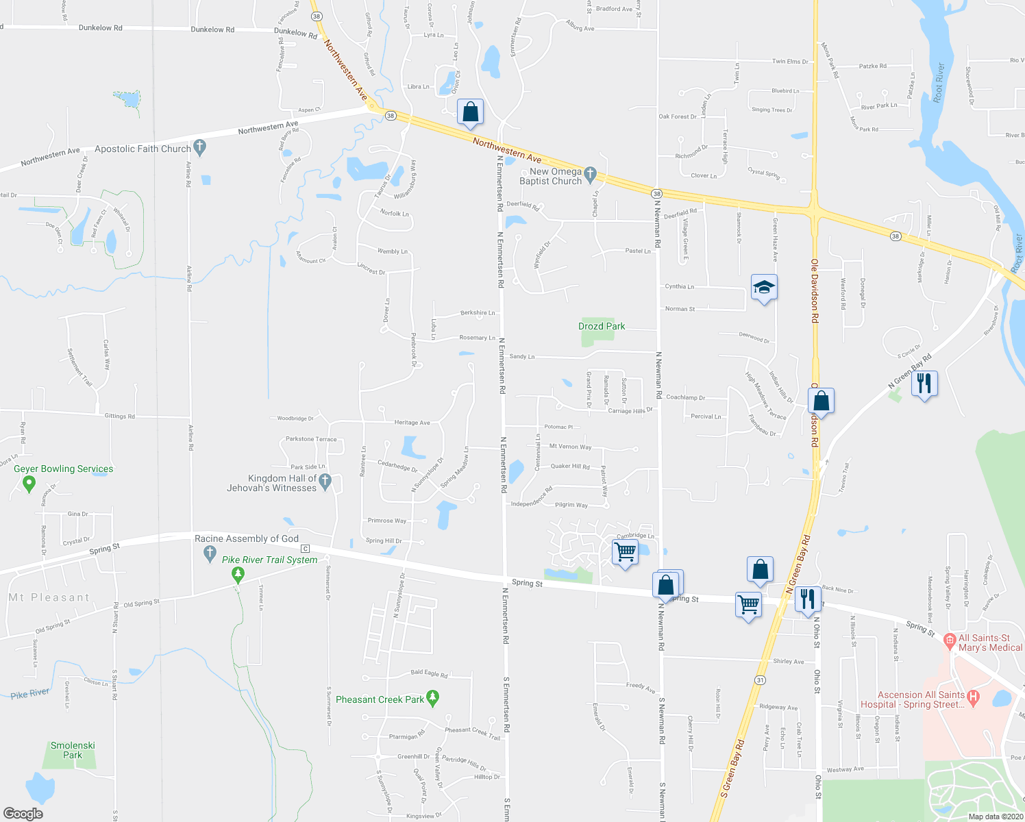 map of restaurants, bars, coffee shops, grocery stores, and more near 2101 North Emmertsen Road in Mount Pleasant