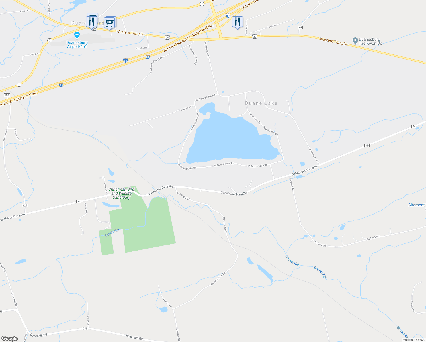 map of restaurants, bars, coffee shops, grocery stores, and more near 990 West Duane Lake Road in Duanesburg