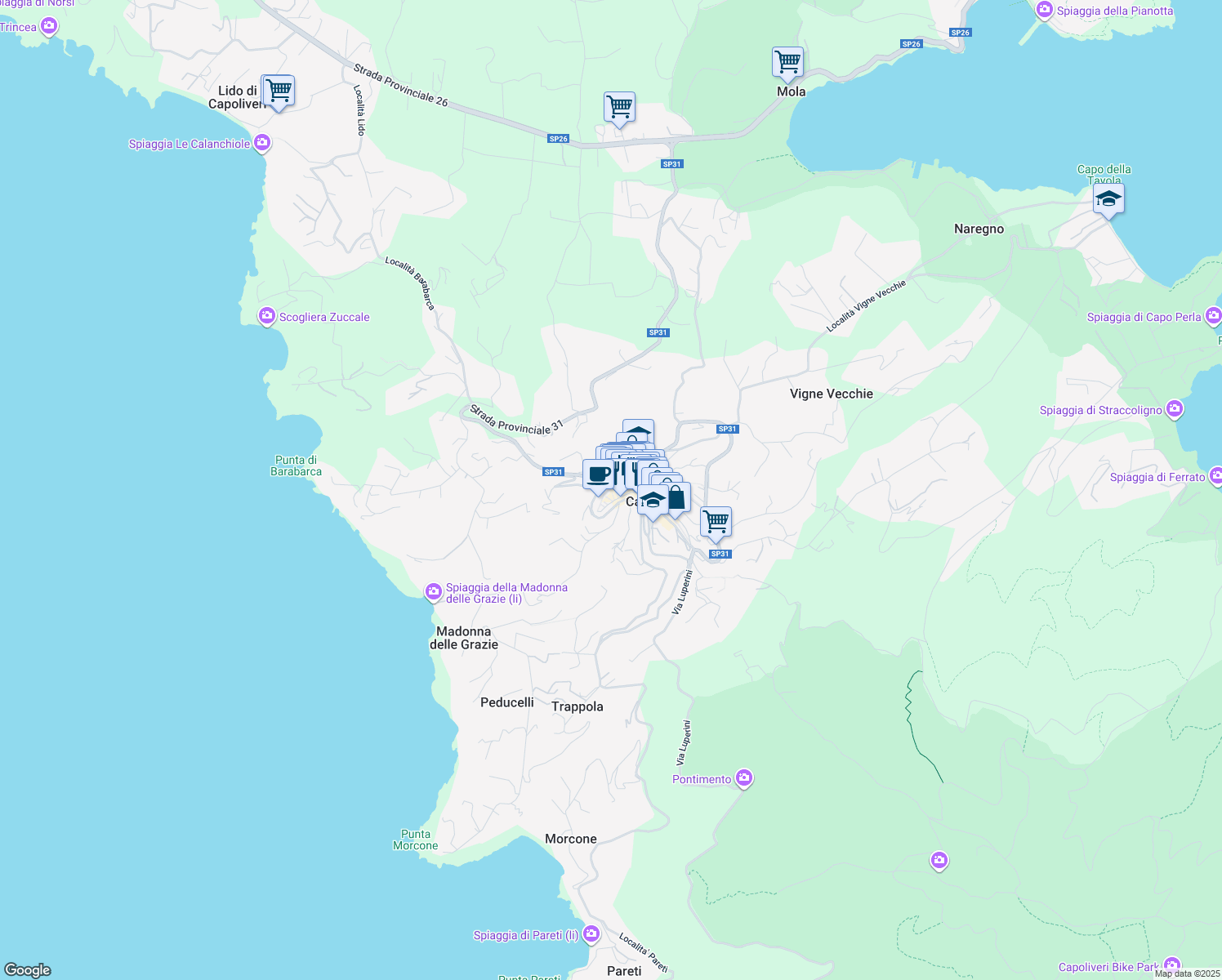 map of restaurants, bars, coffee shops, grocery stores, and more near 19 Vicolo Galliano in Capoliveri
