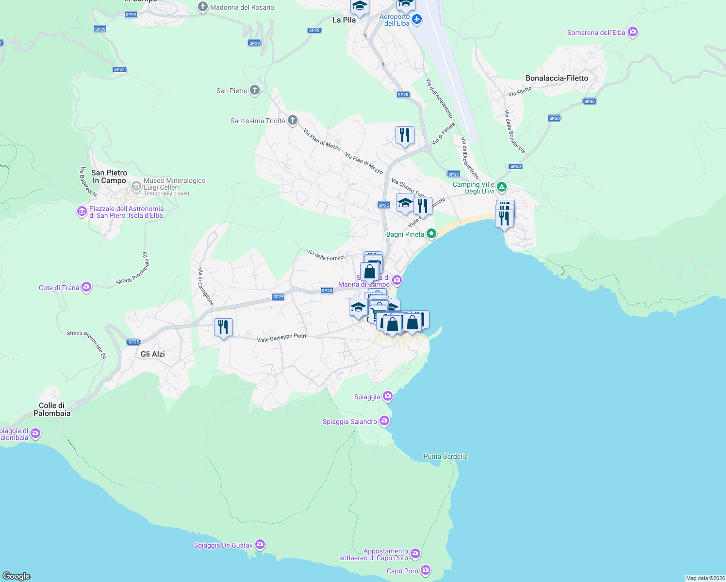 map of restaurants, bars, coffee shops, grocery stores, and more near 33 Via Gaetano Donizetti in Marina di Campo