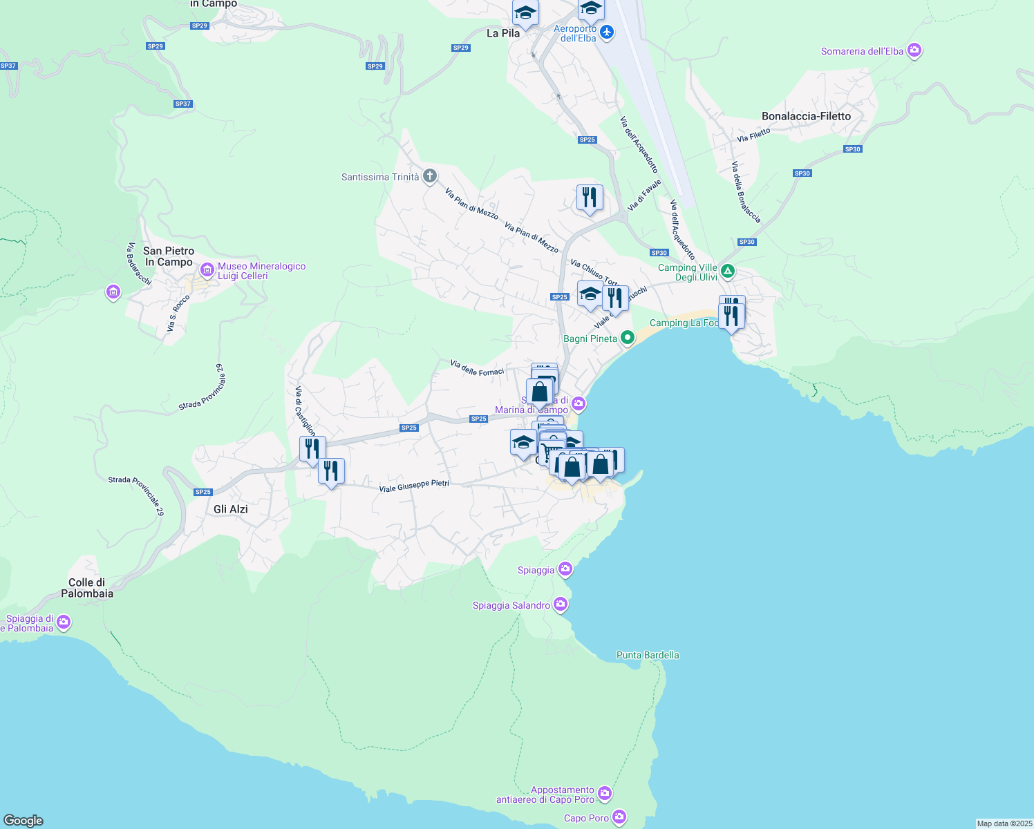map of restaurants, bars, coffee shops, grocery stores, and more near 24 Via della Costa in Marina di Campo