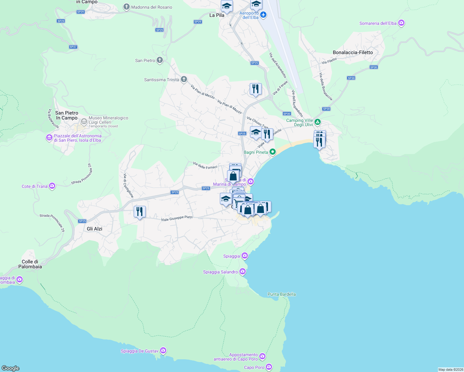 map of restaurants, bars, coffee shops, grocery stores, and more near 33 Via Gaetano Donizetti in Marina di Campo