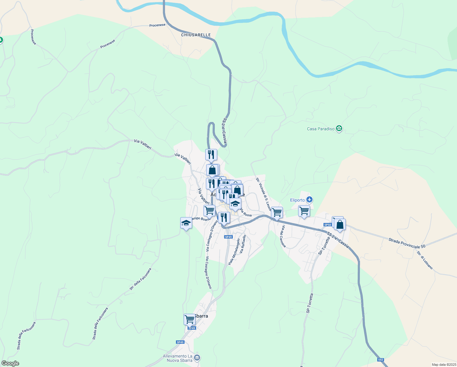 map of restaurants, bars, coffee shops, grocery stores, and more near 68 Via Cesare Battisti in Acquapendente