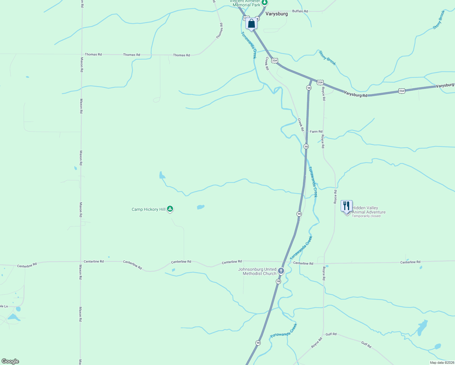 map of restaurants, bars, coffee shops, grocery stores, and more near in Varysburg