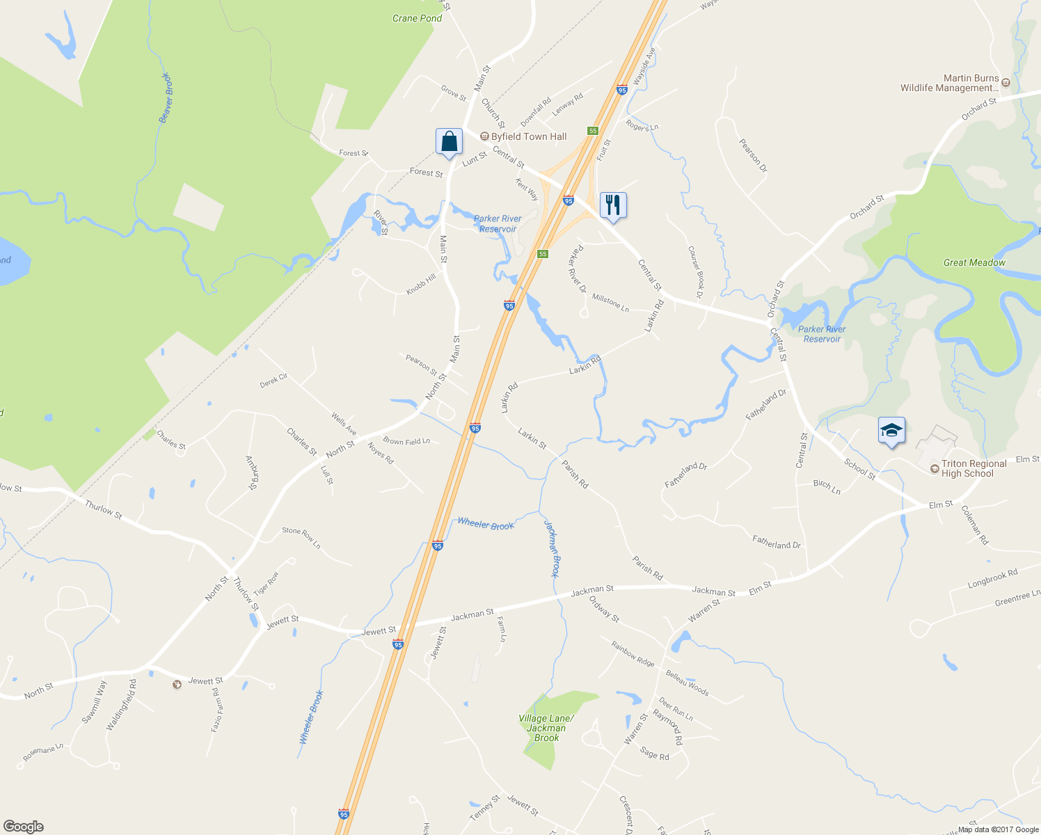 map of restaurants, bars, coffee shops, grocery stores, and more near 65 Larkin Road in Newbury