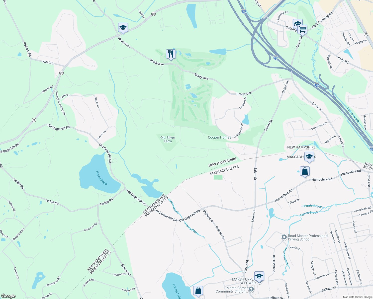 map of restaurants, bars, coffee shops, grocery stores, and more near 48 Silver Brook Road in Salem