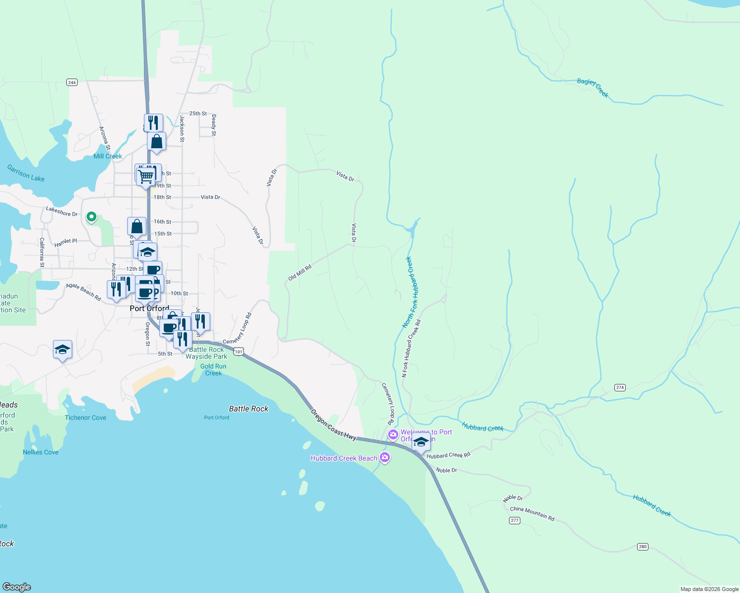 map of restaurants, bars, coffee shops, grocery stores, and more near 41994 Humbug Way in Port Orford
