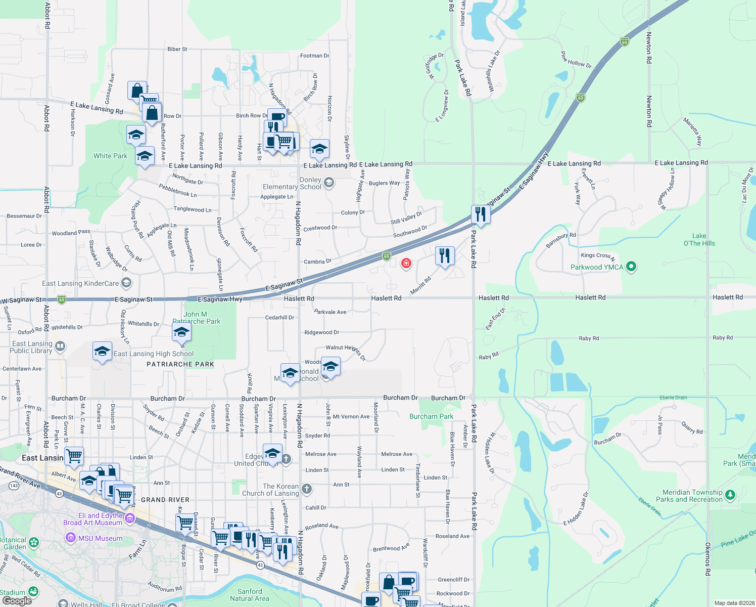 map of restaurants, bars, coffee shops, grocery stores, and more near 1800 Haslett Road in East Lansing