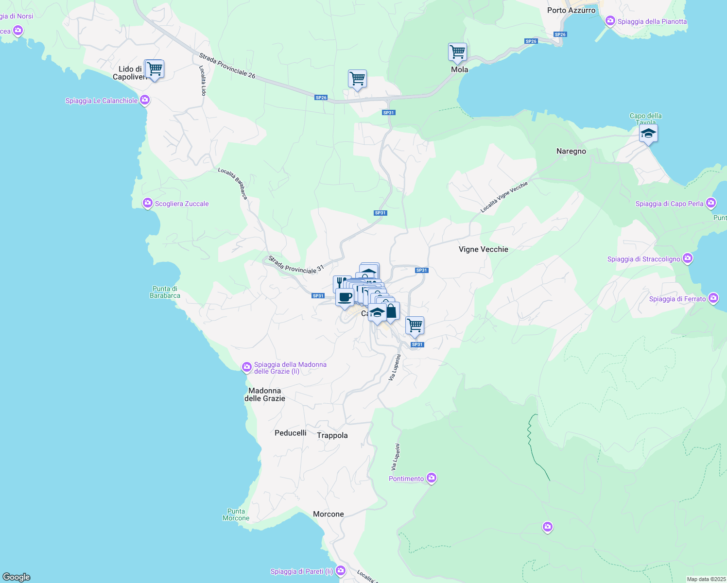 map of restaurants, bars, coffee shops, grocery stores, and more near 27 Via Vittorio Veneto in Capoliveri