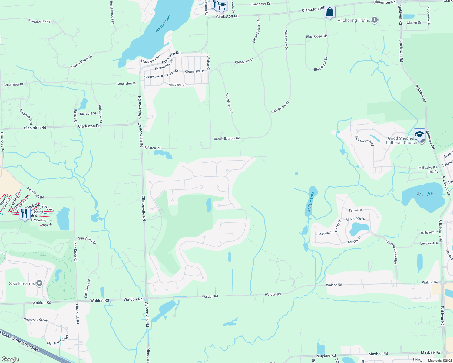 map of restaurants, bars, coffee shops, grocery stores, and more near 7017 Oakhurst Ridge Road in Clarkston
