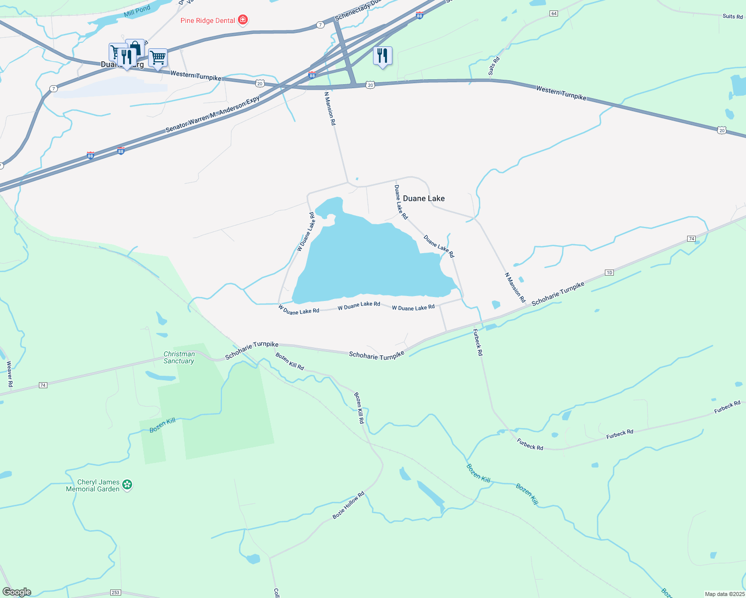 map of restaurants, bars, coffee shops, grocery stores, and more near 1193 West Duane Lake Road in Duanesburg