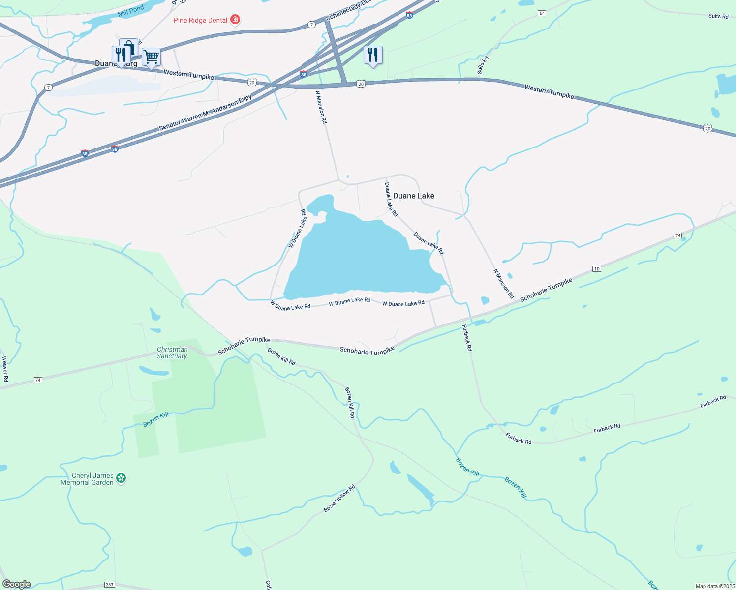 map of restaurants, bars, coffee shops, grocery stores, and more near 1193 West Duane Lake Road in Duanesburg