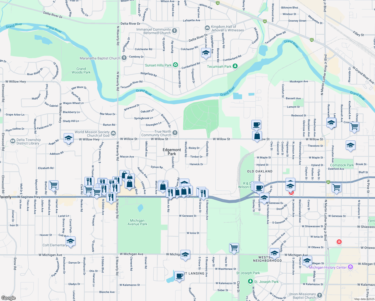 map of restaurants, bars, coffee shops, grocery stores, and more near 1130 Westfield Road in Lansing