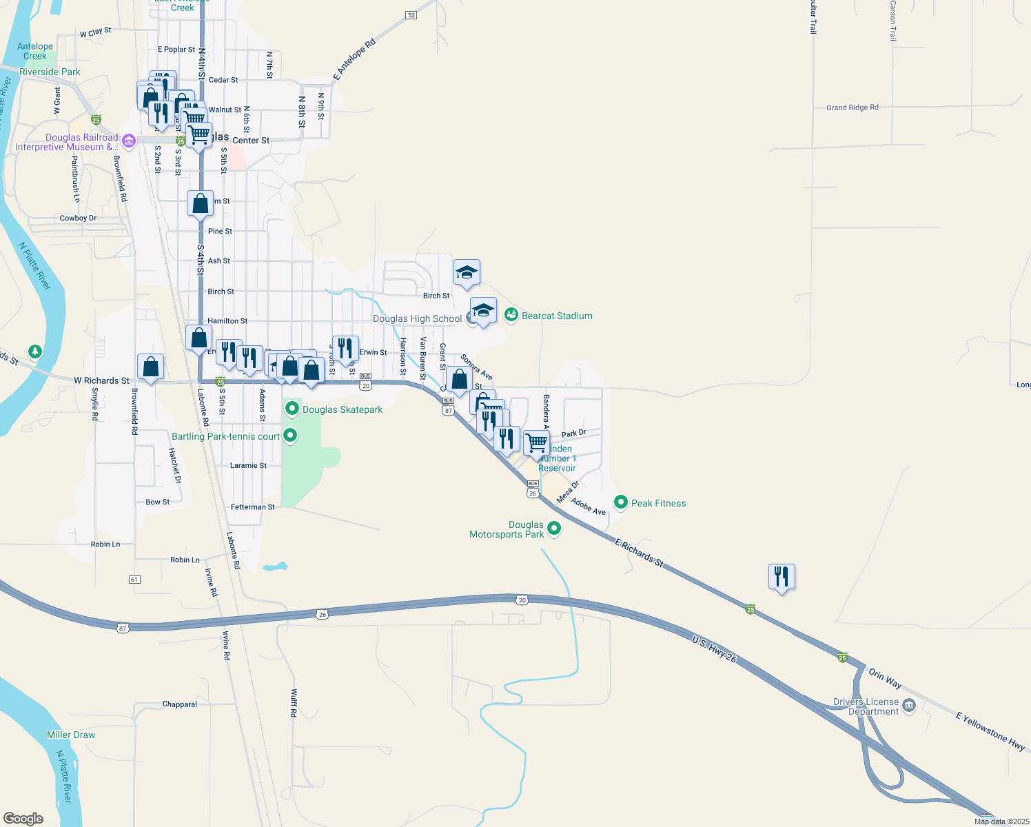 map of restaurants, bars, coffee shops, grocery stores, and more near 1019 Laredo Drive in Douglas